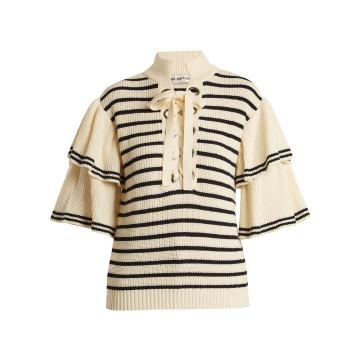 Flared-sleeve striped cotton-blend sweater