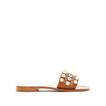 Crystal and faux-pearl embellished leather slides