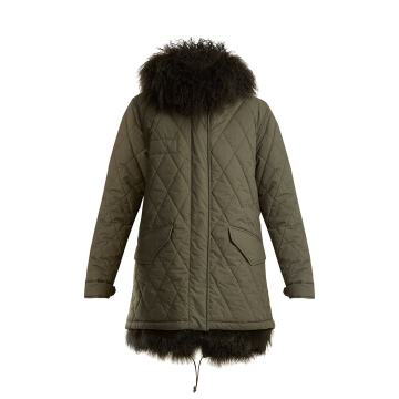 Mongolian-fur lined hooded cotton-blend coat