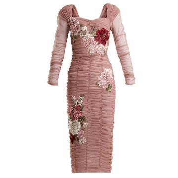 Floral-embroidered stretch-cotton tulle dress