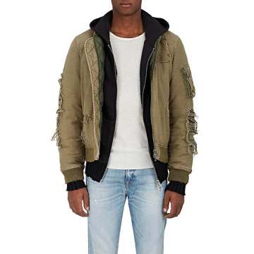 Distressed Canvas Puffer Bomber Jacket