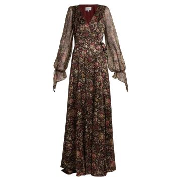 Floral-print sheer-sleeved silk-blend wrap gown