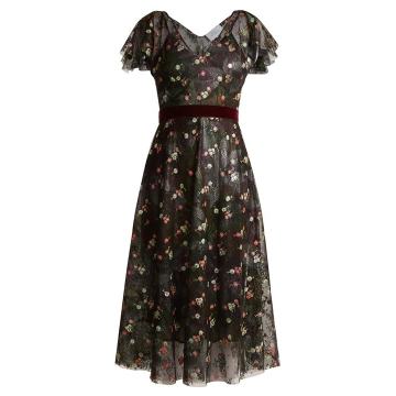 Floral-embroidered abstract-print tulle dress