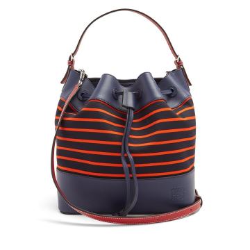 Midnight leather and striped canvas bucket bag