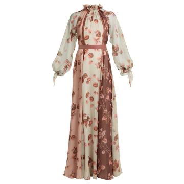 Floral-print ruffled-neck panelled silk gown