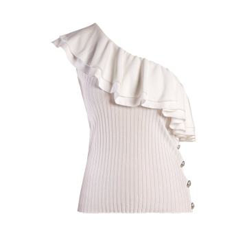 Ruffle-trimmed one-shoulder stretch-knit top