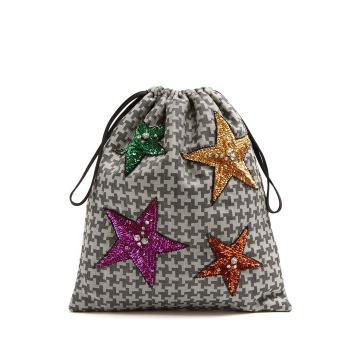 Sequin-embellished hound's-tooth drawstring pouch