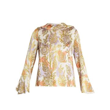 Roll-neck floral-print silk blouse