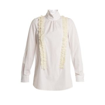 Ruffle-trimmed high-neck cotton-poplin blouse