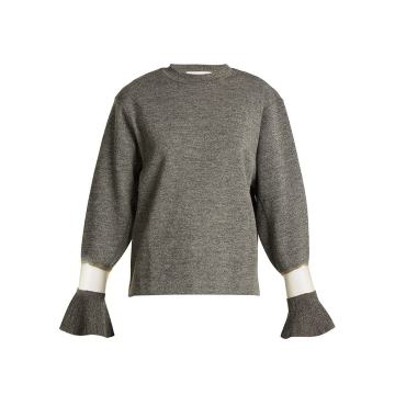 Flared-cuff sheer-panel wool sweater