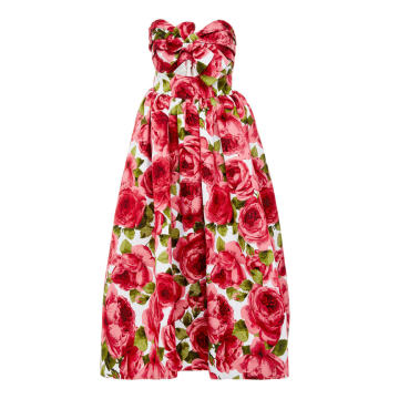 Strapless Floral-Print Jacquard Midi Dress