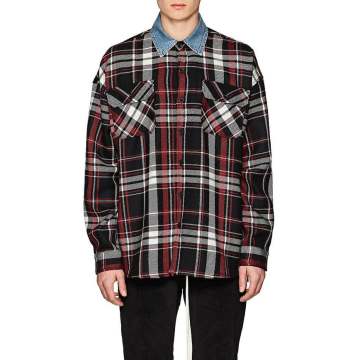 Denim-Collar Plaid Wool Flannel Shirt