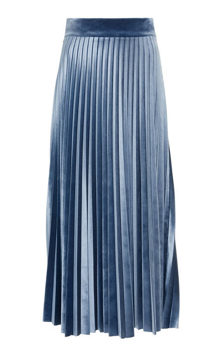 Pleated Velvet-Trimmed Crepe de Chine Midi Skirt展示图