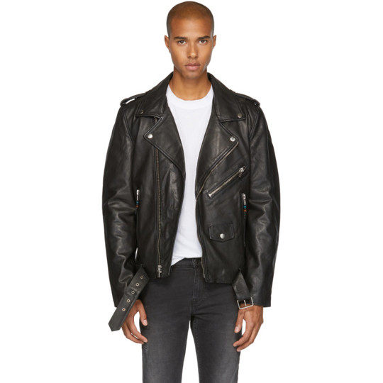 Black Leather Classic '5' Biker Jacket展示图