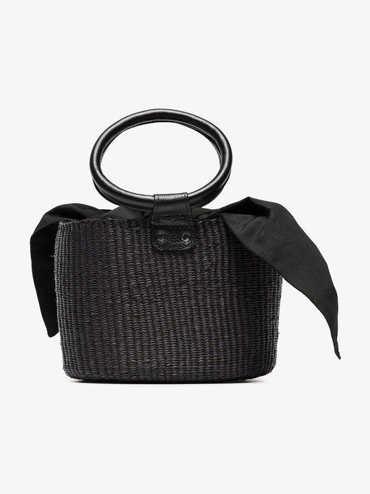 black leather handle mini straw basket bag展示图