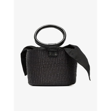 black leather handle mini straw basket bag