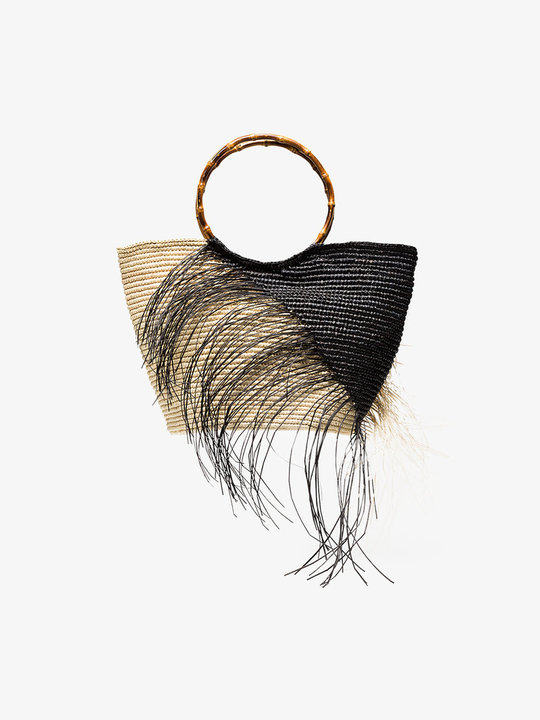 black and natural two tone frayed maxi straw tote展示图