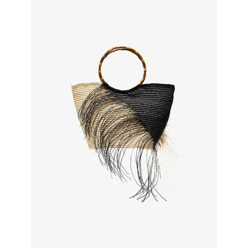 black and natural two tone frayed maxi straw tote