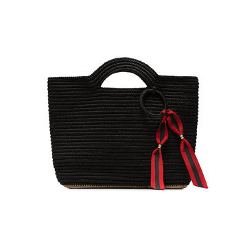 black ribbon tassel straw basket bag