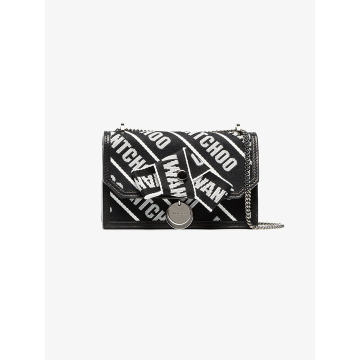 black and white Finley logo cotton and leather clutch