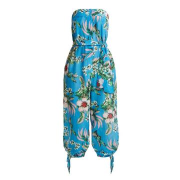 Floral-print strapless cotton-blend jumpsuit