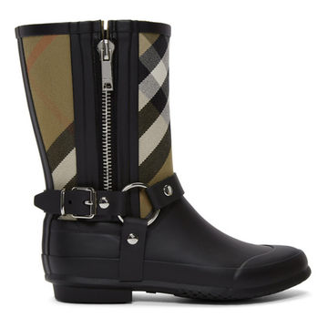 Black & Beige Check Biker Rain Boots