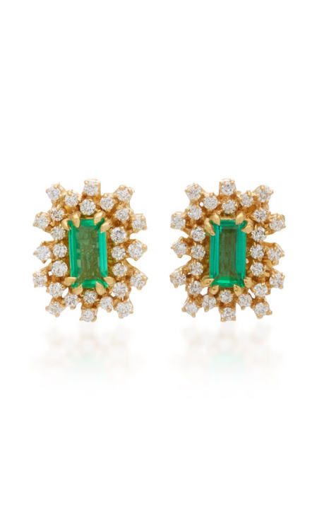 One-of-a-Kind 18K Yellow Gold Emerald and Diamond Earrings展示图