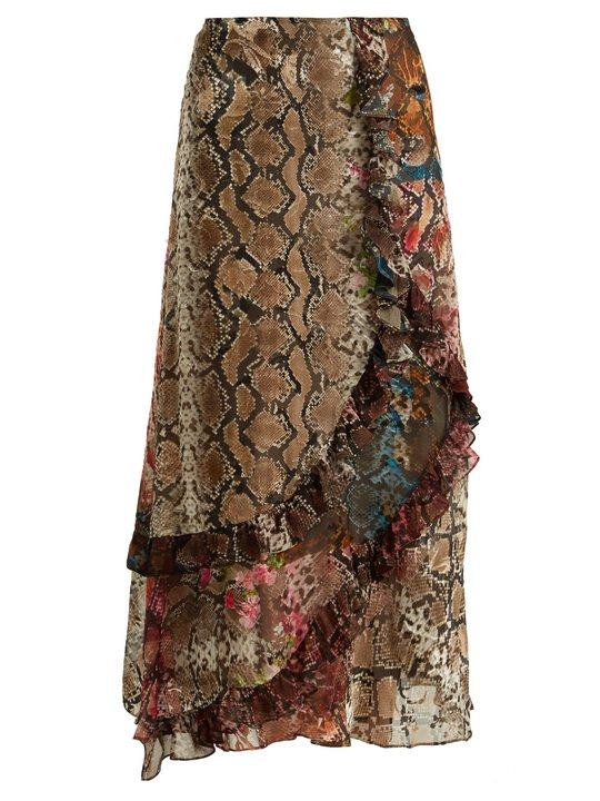 Clemence floral and snake-print satin devoré skirt展示图