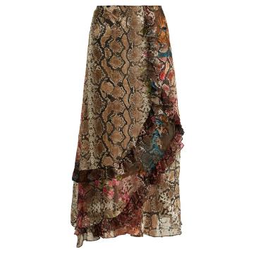 Clemence floral and snake-print satin devoré skirt