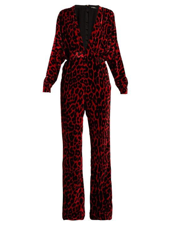 Leopard-print wide-leg velvet jumpsuit展示图