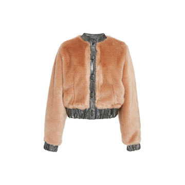 Metallic-Trimmed Faux Fur Bomber Jacket