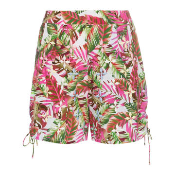 tropical print side tie cotton shorts