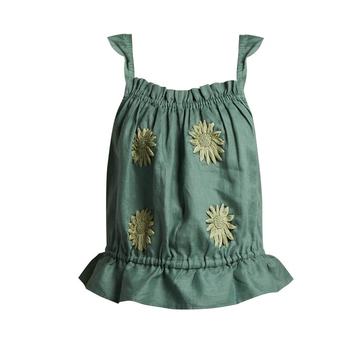 Floral-embroidered peplum linen top