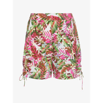 tropical print side tie cotton shorts