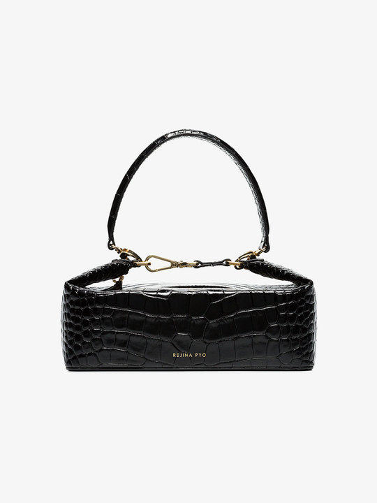 black Olivia crocodile embossed leather box bag展示图