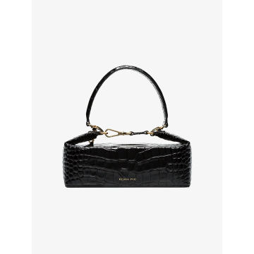 black Olivia crocodile embossed leather box bag