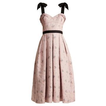 Floral-jacquard pleated midi dress