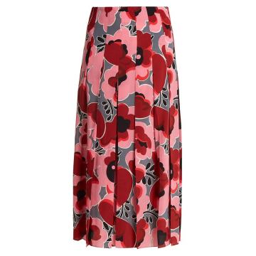 Poppy-print pleated silk crepe de Chine skirt