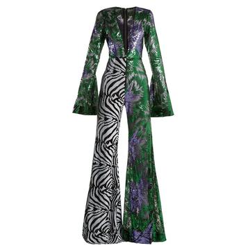 Abstract pop and zebra-pattern sequinned jumpsuit