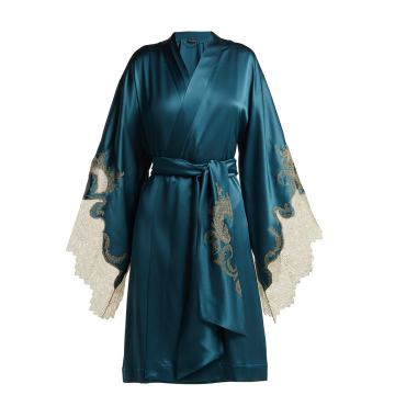 Lace-trimmed silk-satin kimono robe