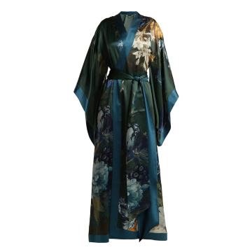 Floral-print silk-satin kimono robe