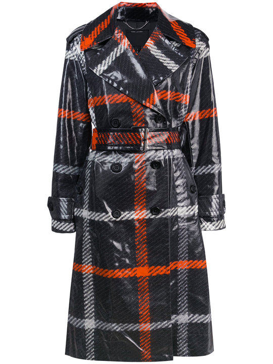 plaid print belted trench coat展示图