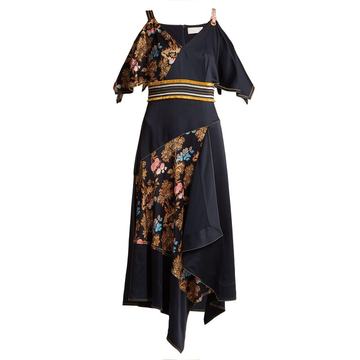 Off-the-shoulder fig-print silk dress