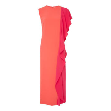 Color Block Ruffled Silk Midi Dress