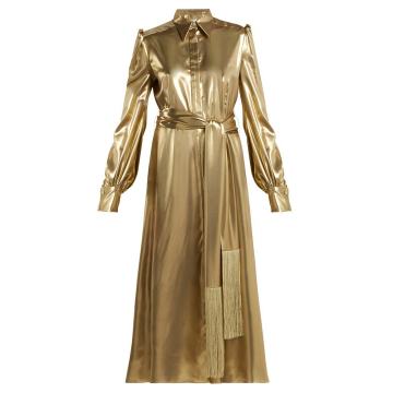 Belted metallic silk-satin dress