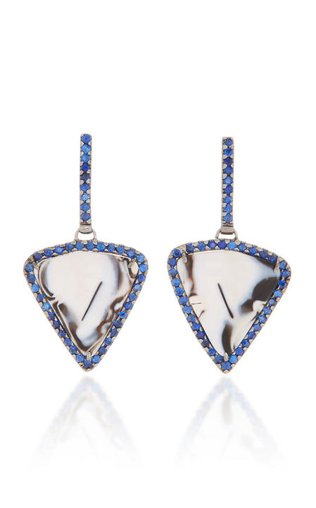 One-Of-A-Kind Zebra Opal Triangle Drops With Sapphires Set In 18K White Gold展示图