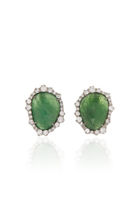 One-Of-A-Kind  Tsavorite Studs With Irregular Diamonds Set In 18K White Gold With Black Rhodium展示图