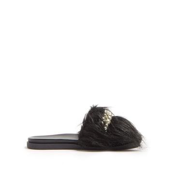 Bead-embellished faux-fur slides