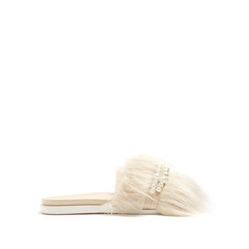 Faux pearl-embellished faux-shearling slides