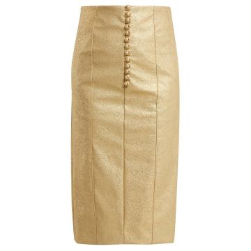 Metallic buttoned faux-leather pencil skirt